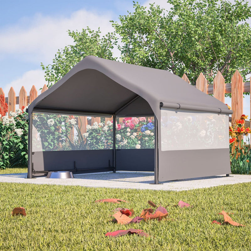 Extra Large Outdoor Dog House Tent with 3-Sided Mesh Windows, Breathable Sun Rain Cover Pet Shelter with Canopy and Ground Stakes for Dogs, Cats, Livestock – 4' x 4' x 3.3', Gray