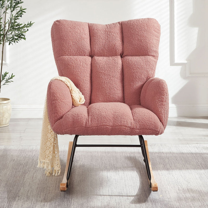 Glider Chair Teddy Fabric Pink With Sturdy Metal Frame For Living Room Comfort & Rocking Style