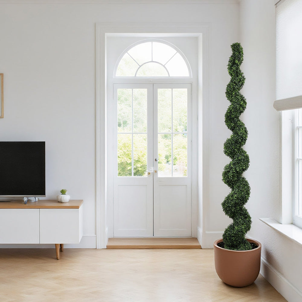 7FT Spiral Topiary Trees Artificial Outdoor Faux Boxwood Plants Large Twisted Green Potted Trees with Dark Green Leaves for Garden Front Porch Patio Planter Decoration, 1pc/set Media 11