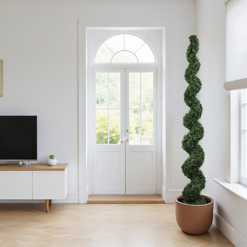 7FT Spiral Topiary Trees Artificial Outdoor Faux Boxwood Plants Large Twisted Green Potted Trees with Dark Green Leaves for Garden Front Porch Patio Planter Decoration, 1pc/set