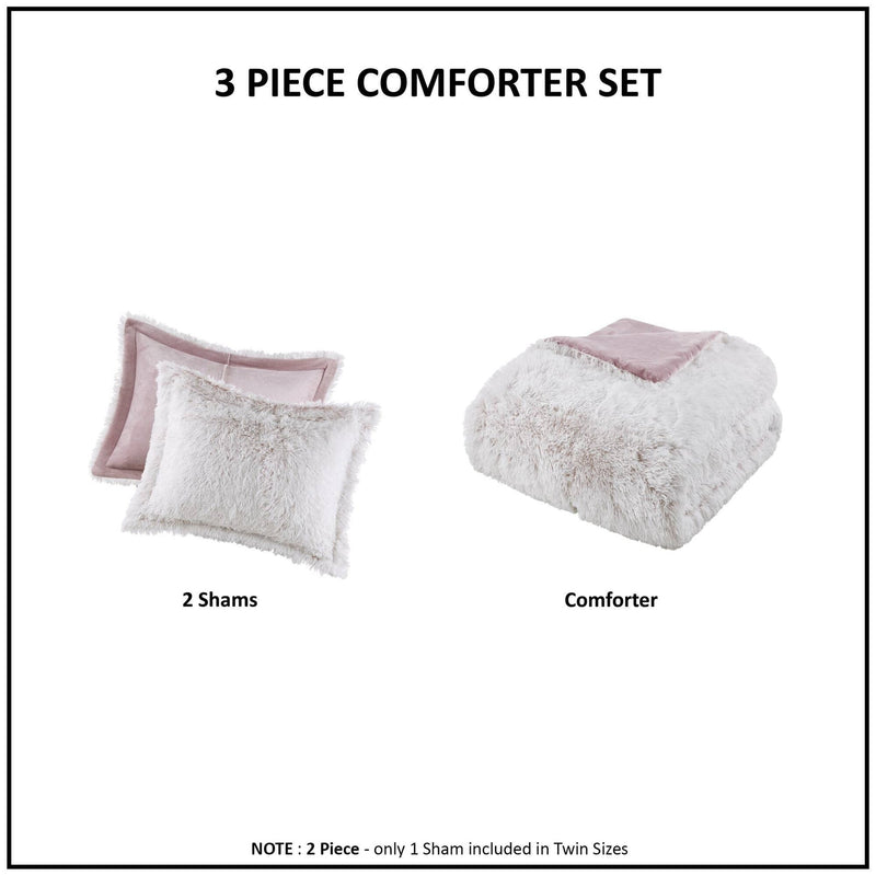 2 PCS Twin/Twin XL Shaggy Faux Fur Comforter Mini Set Pink/White