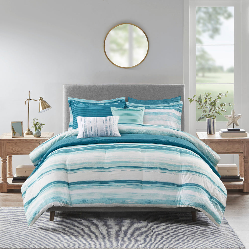 8 Piece Printed Seersucker Comforter and Quilt Set Collection Aqua Full/Queen Media 11