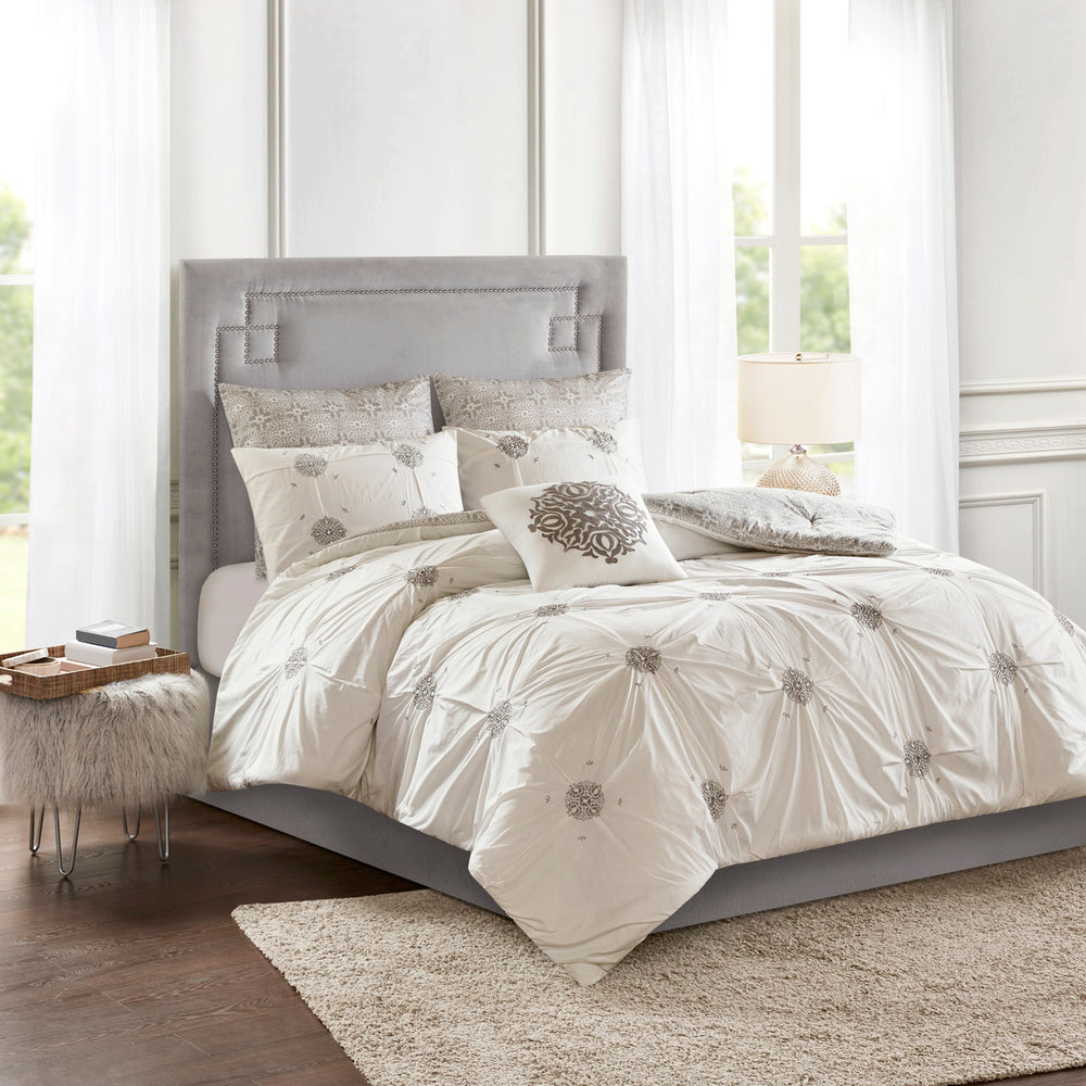 6 Piece Embroidered Cotton Reversible Comforter Set Ivory Full/Queen Media 1