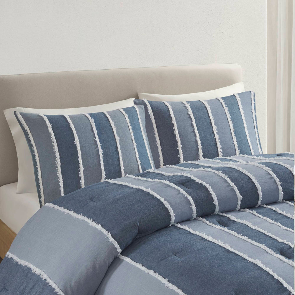 3 Pieces King/Cal King Striped Cotton Comforter Set,Blue Media 19