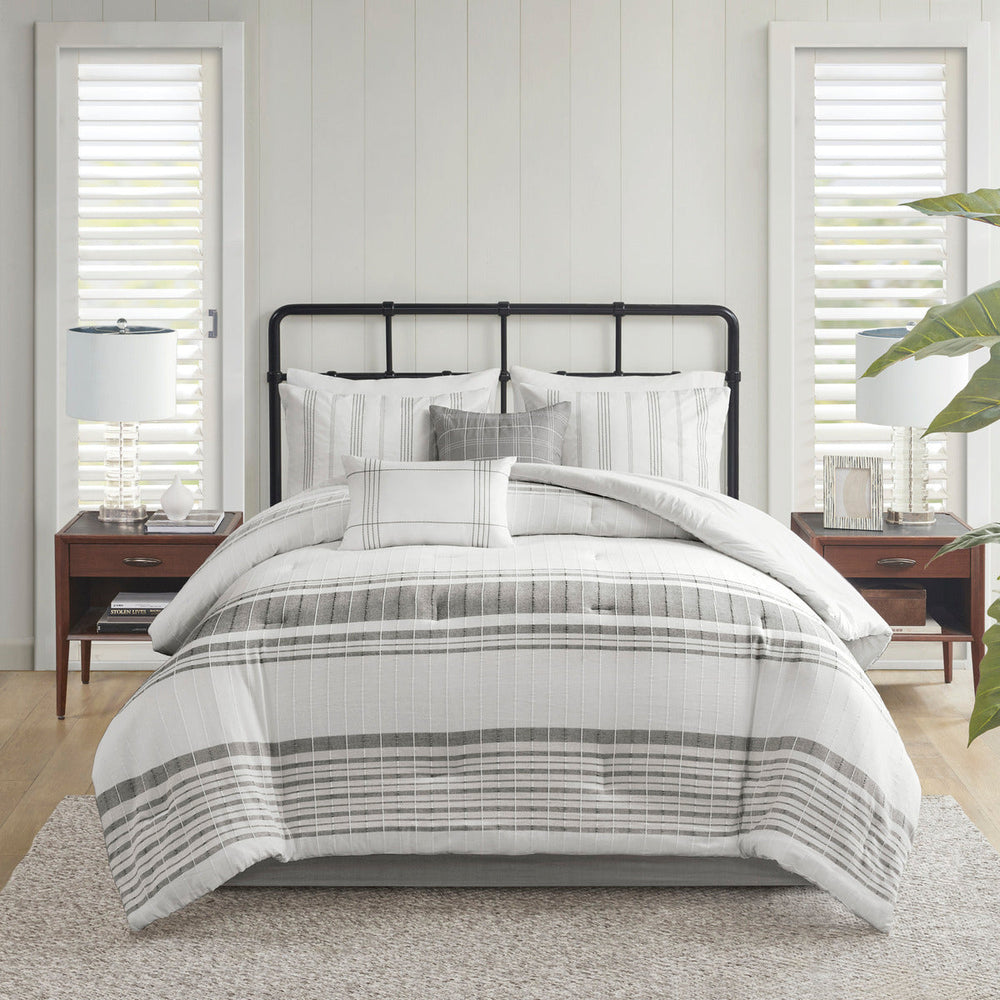 6 Piece Cotton Jacquard Oversized Comforter Set White/Grey Full Media 1