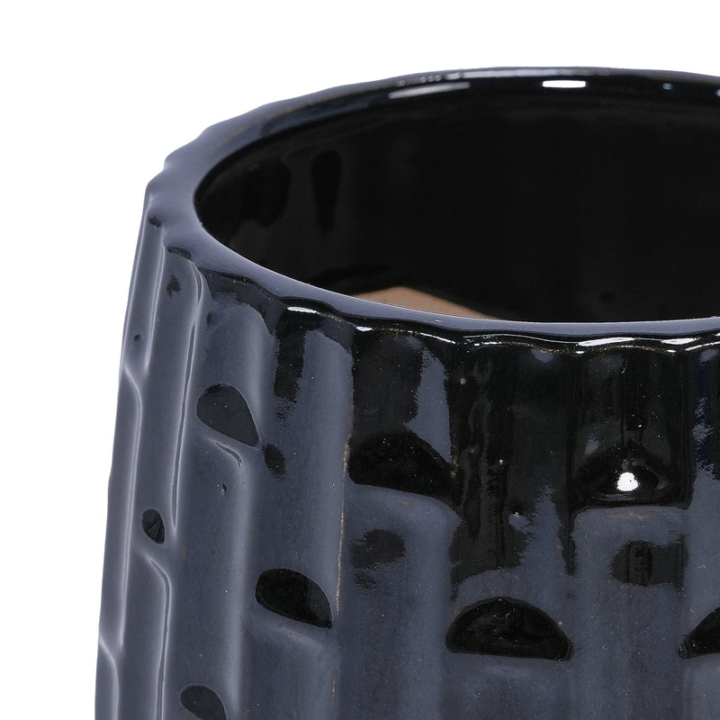 Handmade Ceramic Flower Pot with Groove Pattern, 6 & 8 Inch Diameter, Black Color for Orchids, Indoor/Outdoor Use on Windowsill & Bookshelf, Breathable Clay with Saucer