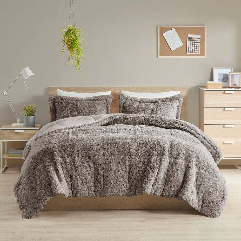 25446891 Shaggy Long Fur Comforter Mini Set B03595900 Grey Full/Queen Standard DTY Store