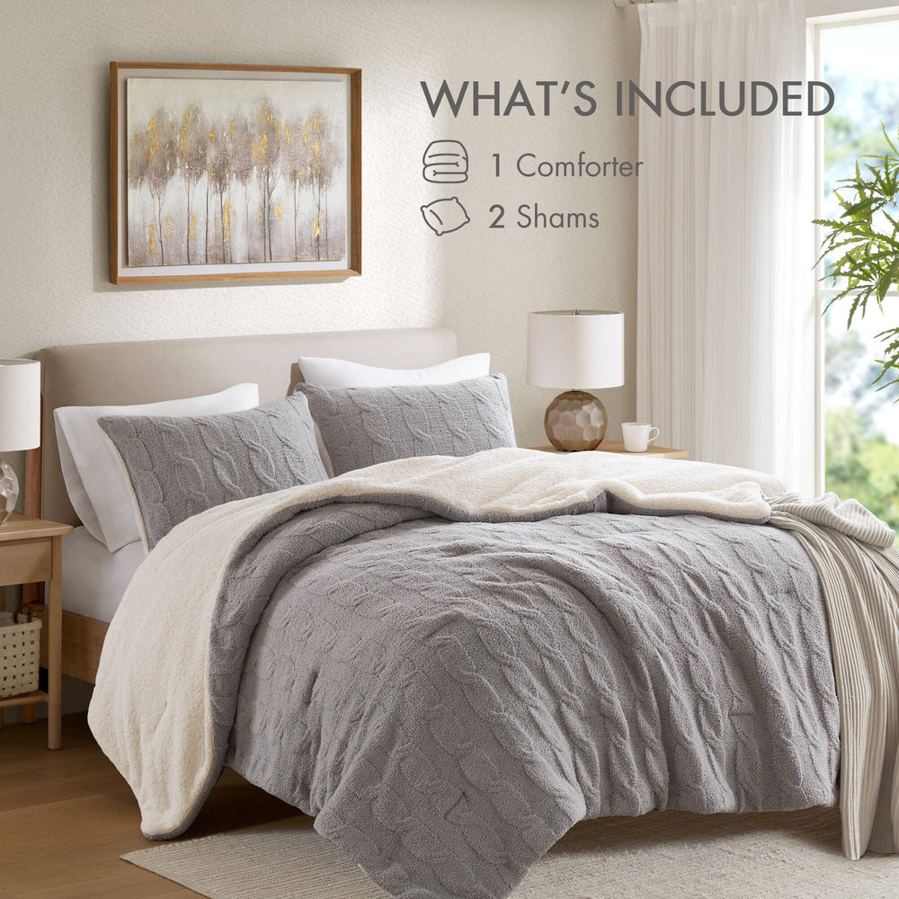 3 Pieces Full/Queen Cable Knit Chenille Comforter Set,Gray Media 10
