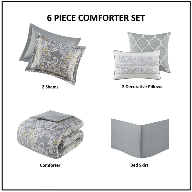 6 Piece Cotton Comforter Set Grey King