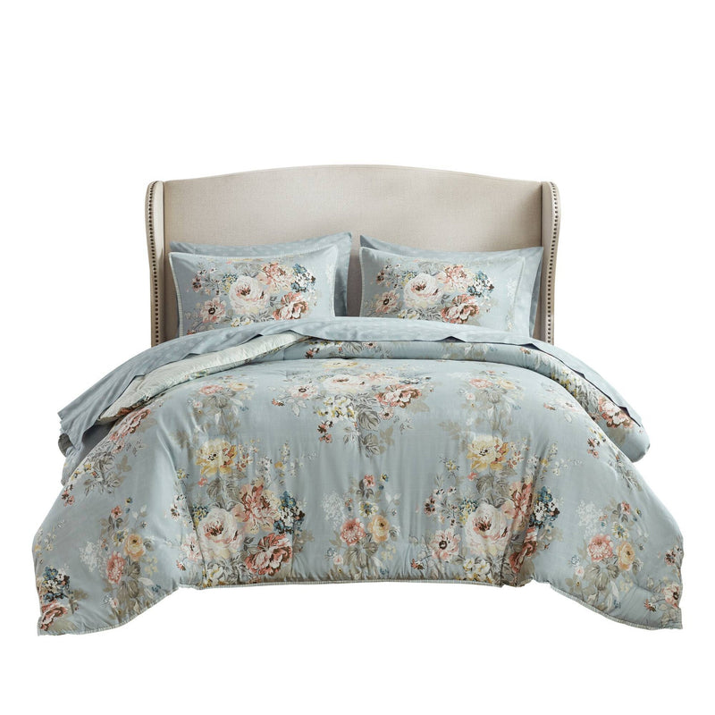 7-Piece Queen 7 Piece Vin -inspired Collection floral print,Soft Blue