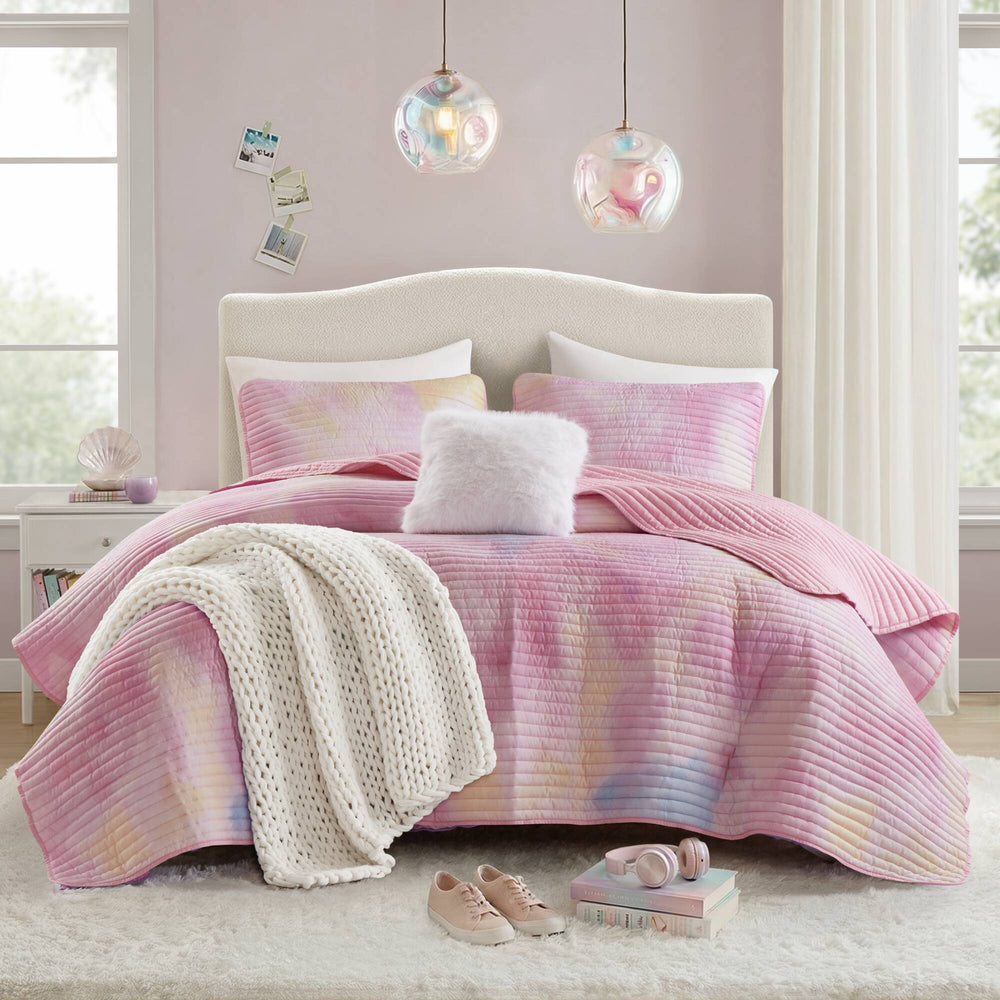 4 Pieces Full/Queen Watercolor Tie Dye Printed Quilt Set with Throw Pillow,Pink Media 12