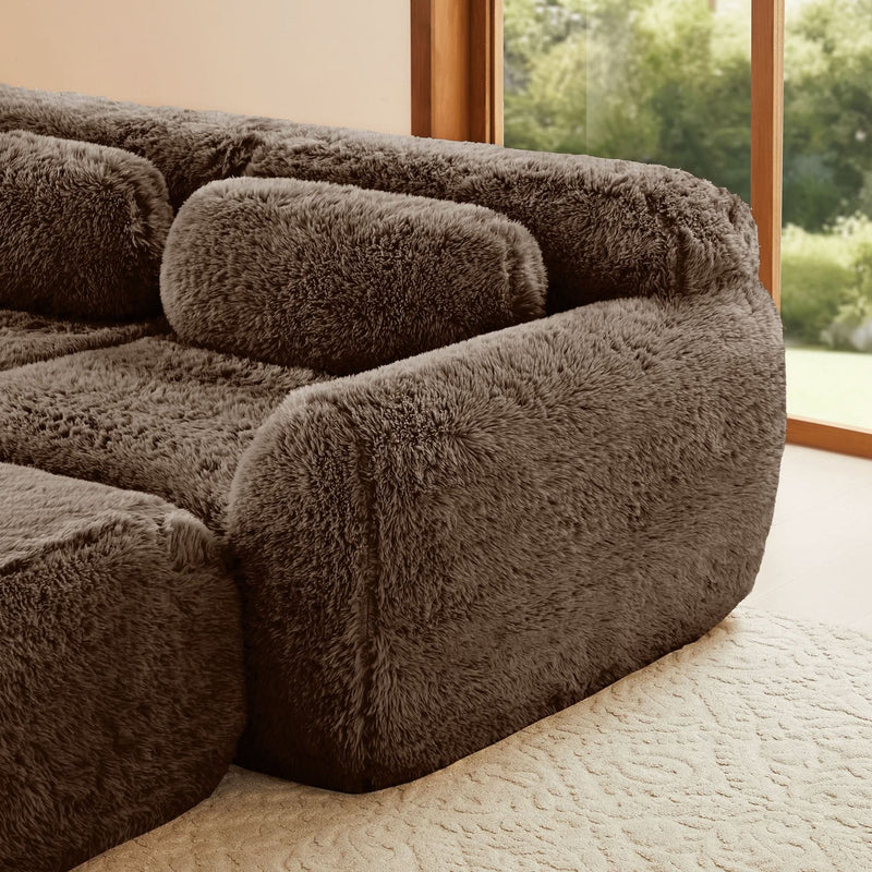 L-Shaped Sofa Plush Fabric With Movable Ottoman & Throw Pillows Chocolate