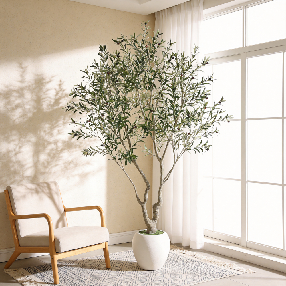 8FT Artificial Olive Tree With Decorative White Pot, Tall Indoor & Covered Outdoor Decorative Tree, 1pc/set Media 1