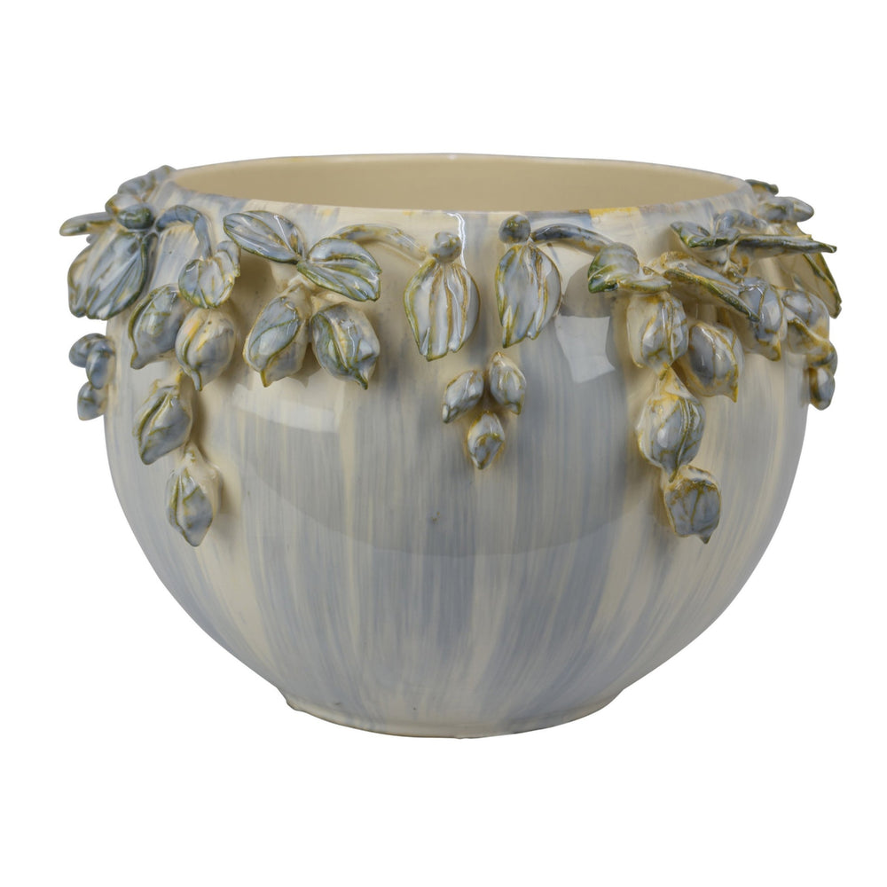 Decorative Bowl Planter, White Ceramic with Floral Garland Rim, 12 Inch Media 1