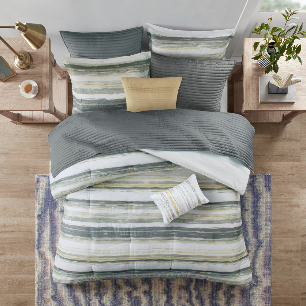 8 Piece Printed Seersucker Comforter and Quilt Set Collection Yellow King/Cal King Media 3