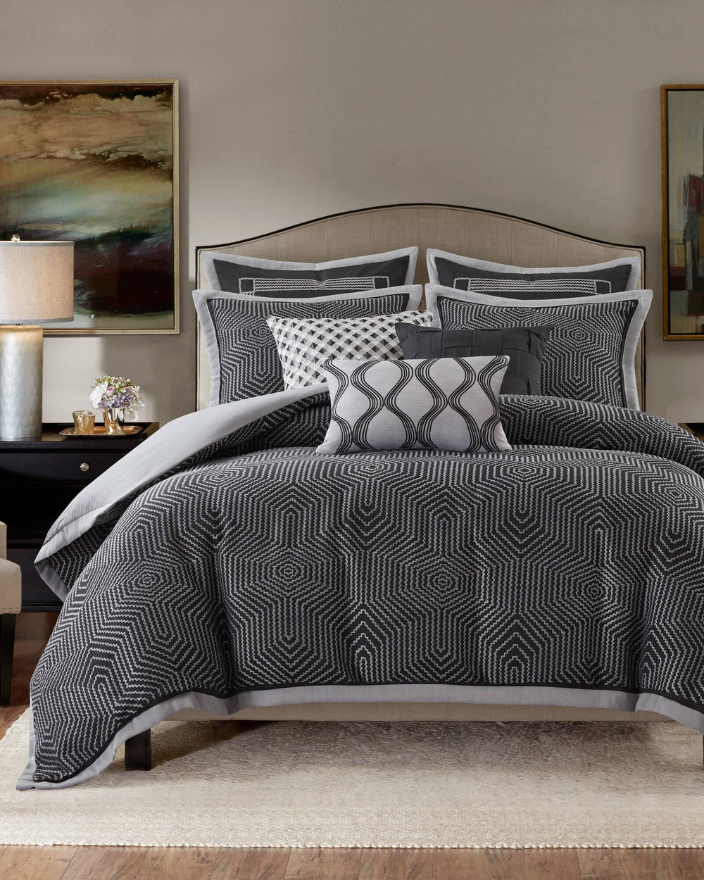 9 Pieces King Comforter Set,Black Multi Media 5