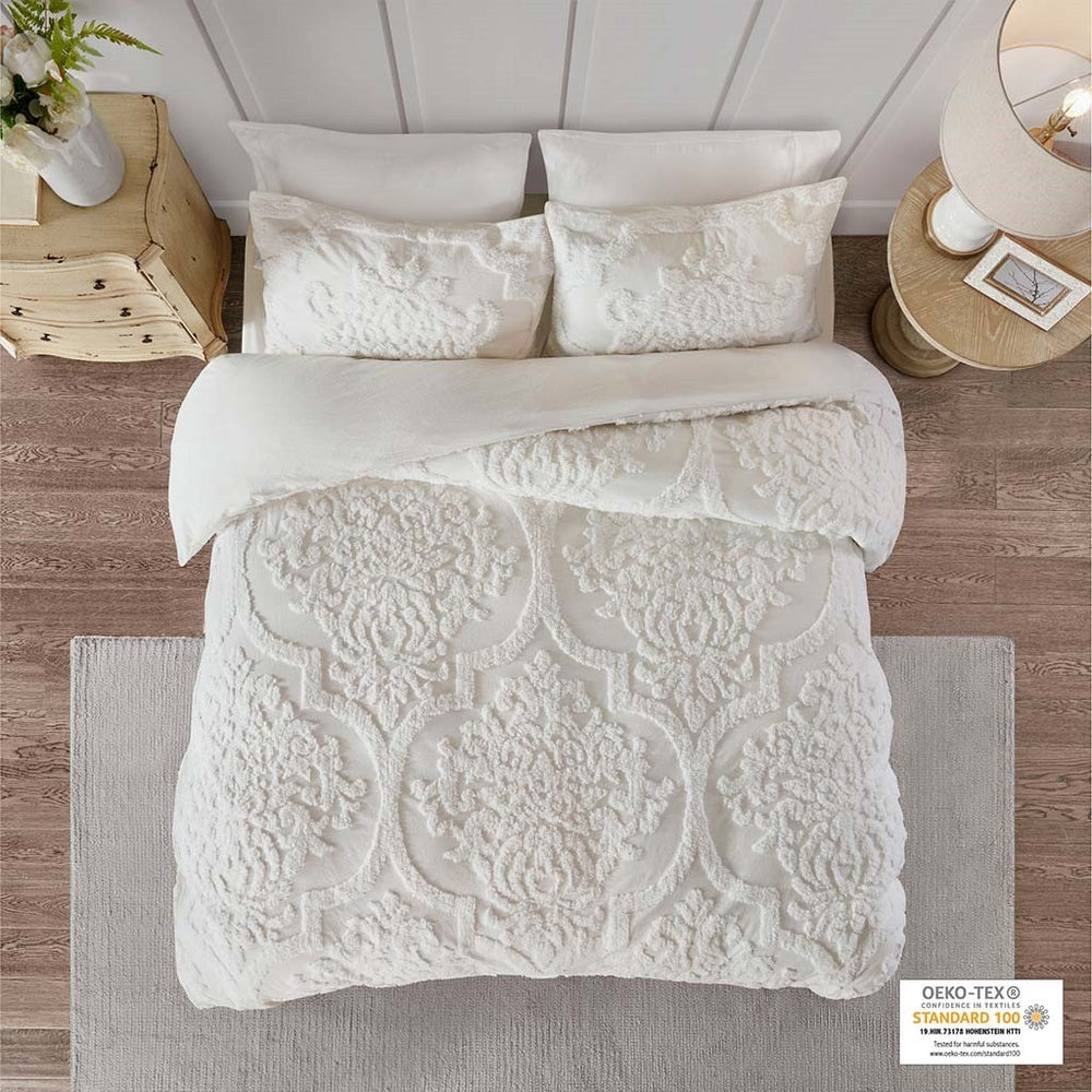 King/Cal King 3 Piece Tufted Cotton Chenille Damask Duvet Cover Set Media 7