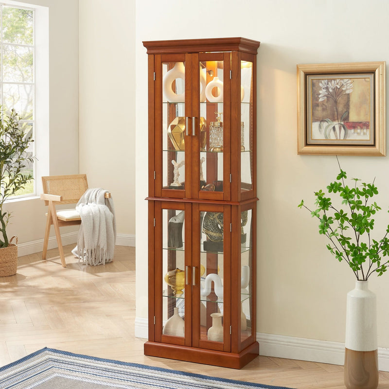Glass Display Cabinet Tempered Glass Doors Walnut Finish Transitional