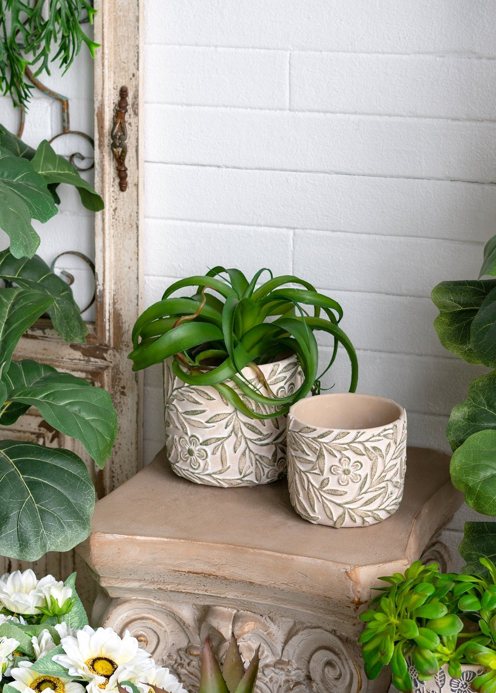 S/2 Gray Sand and Cement Planters with Etched Green Floral Motif, L:D6.7x6.3' S:D5.5x5' Media 11