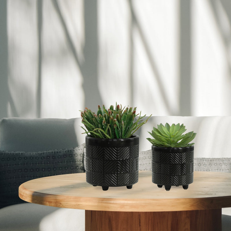 S/2 6/8' TEXTURED PLANTERS, SHINY BLACK