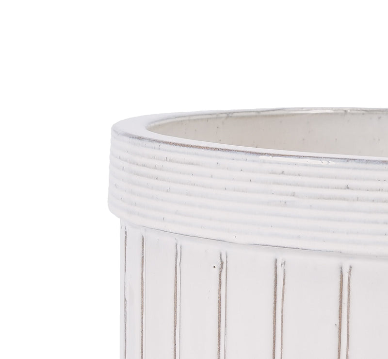 Handmade White Ceramic Planter Set of 4, 6/8/10/12 Inch Diameter, Vertical Line Pattern for Succulents & Cacti, Indoor/Outdoor Use on Windowsill & Bookshelf, Breathable Material
