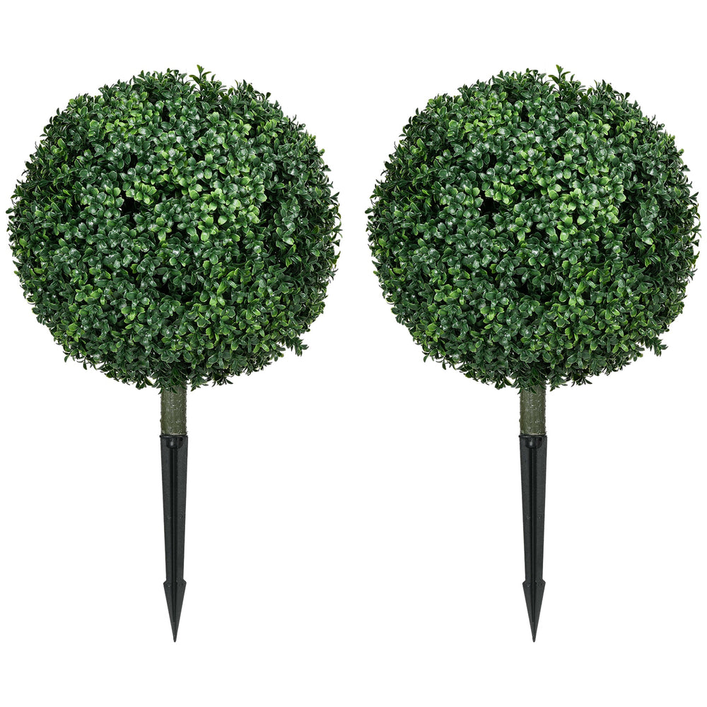 HOMCOM 1.3' (15.7') Artificial Boxwood Topiary Trees with Ground Stake, UV Resistant Set of 2 Ball Shaped Trees, Indoor Outdoor Fake Plants for Home Office & Living Room Décor Media 10