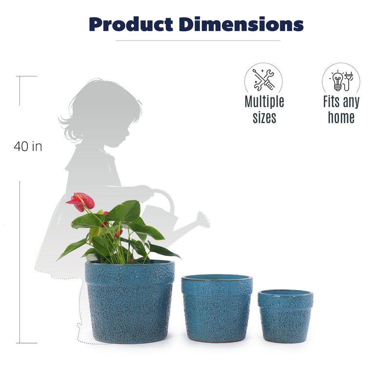 Handmade Ceramic Planter Set of 3, 15/12/9 Inch Diameter, Blue Textured Pattern, for Succulents & Indoor Plants, Windowsill & Bookshelf Use, Breathable Clay