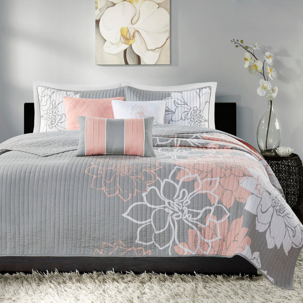 6 Piece Printed Cotton Quilt Set with Throw Pillows Grey/Peach Full/Queen Media 11