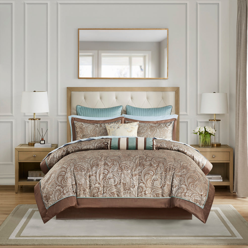 12 Piece Comforter Set with Cotton Bed Sheets Blue/Brown King Media 12