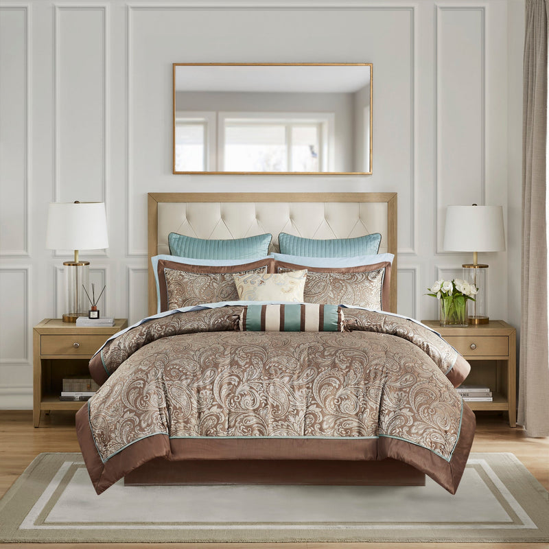 12 Piece Comforter Set with Cotton Bed Sheets Blue/Brown King