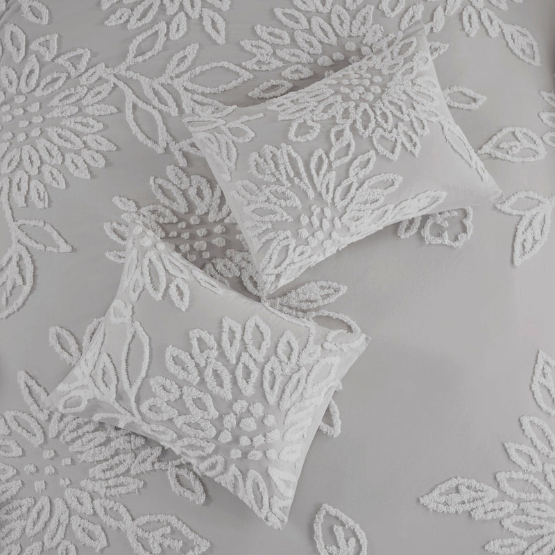 3 Piece Tufted Cotton Chenille Floral Comforter Set Warm Grey/White Full/Queen