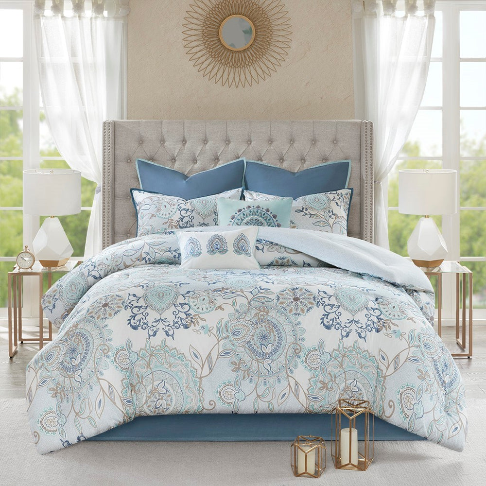 8 Piece Cotton Floral Printed Reversible Comforter Set Blue Queen Media 2
