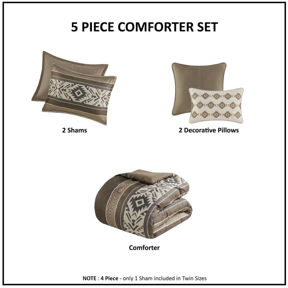 5 Piece Stripe Herringbone Comforter Set with Throw Pillows Brown King/Cal King Media 8