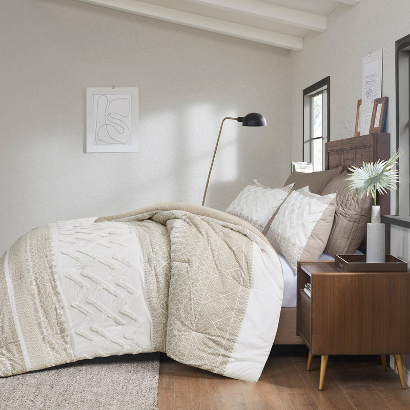 3 Piece Cotton Comforter Set with Chenille Tufting Taupe King/Cal King