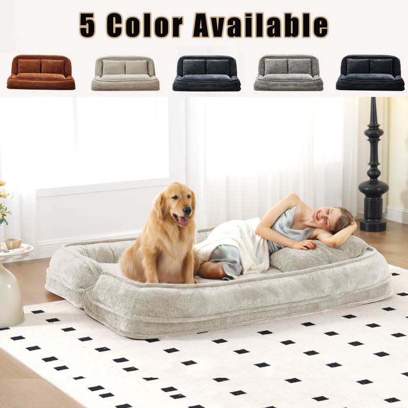 Pet Sofa Bed Chenille 2-In-1 Lounge Couch With 5 Adjustable Positions For People & Pets Beige