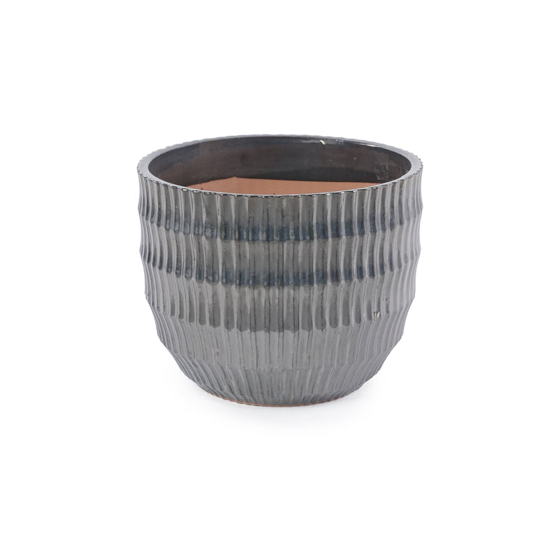 Handmade Matte Metallic Charcoal Gradient Glaze Ceramic Planter Set of 4, 7/9/12/14 Inch, Horizontal Grooves, Indoor & Outdoor Herb Succulent Pots, Breathable Clay with Drainage Holes