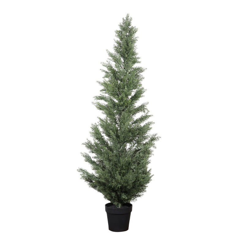 Realistic Artificial Cypress Tree in Black Plastic Pot, UV Resistant Green Fabric Leaves, 60-Inch Indoor Outdoor Topiary Plant for Garden or Entryway Decoration