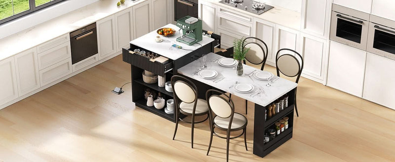 Kitchen Island Modern With Extendable Dining Table & Power Outlet For 4-6 People Black