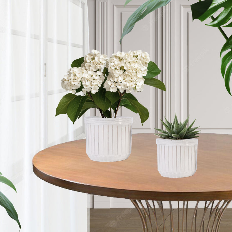 Handmade White Ceramic Planter Set of 4, 6/8/10/12 Inch Diameter, Vertical Line Pattern for Succulents & Cacti, Indoor/Outdoor Use on Windowsill & Bookshelf, Breathable Material