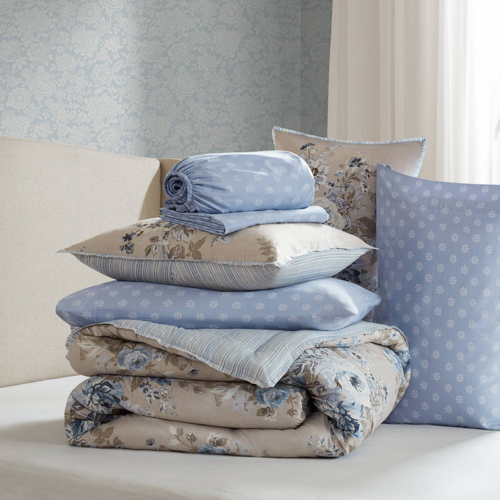 7-Piece Full 7 Piece Vin -inspired Collection floral print,Beige/Blue Media 10