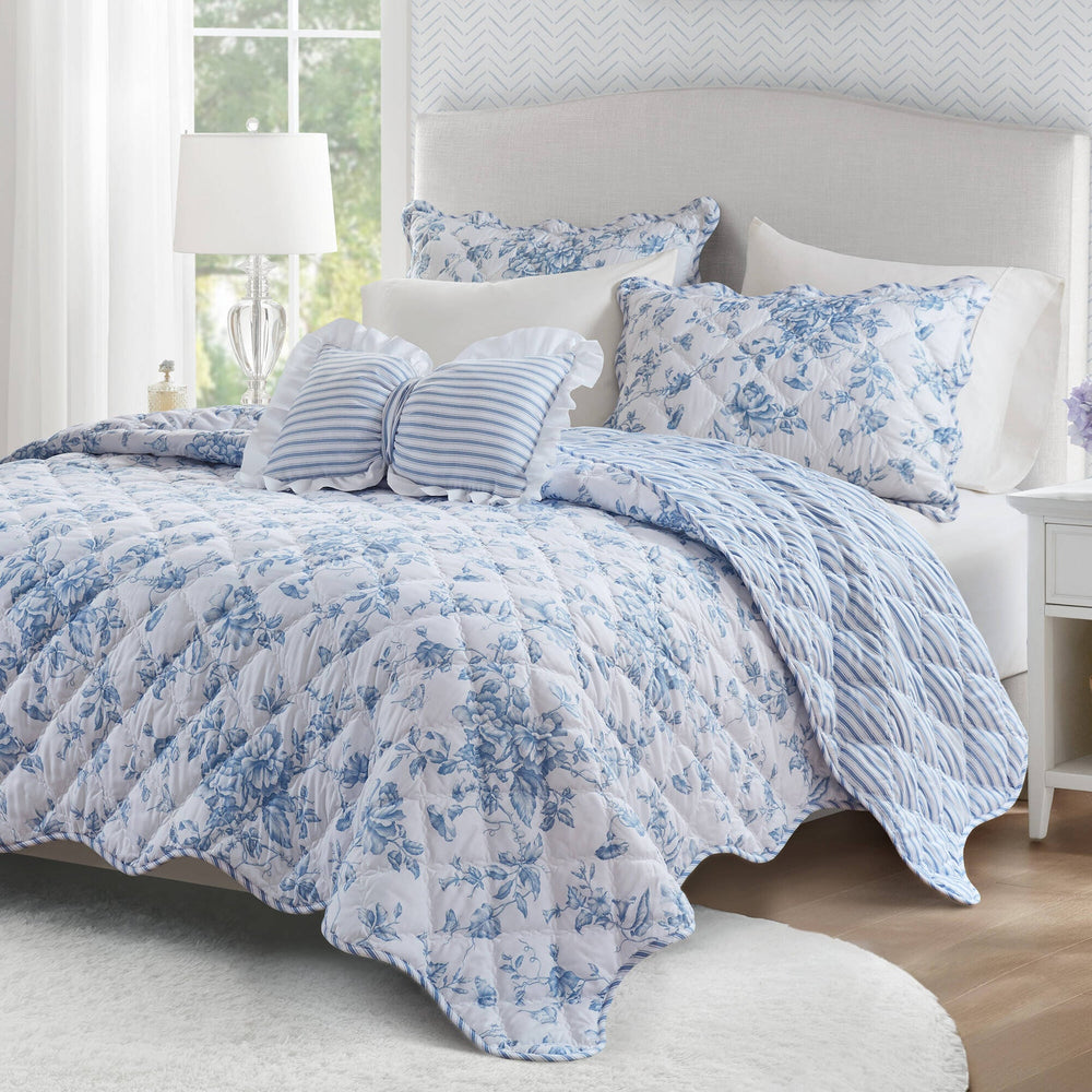4 Pieces Full/Queen  Quilt Set with Decorative Pillow,Blue Media 7