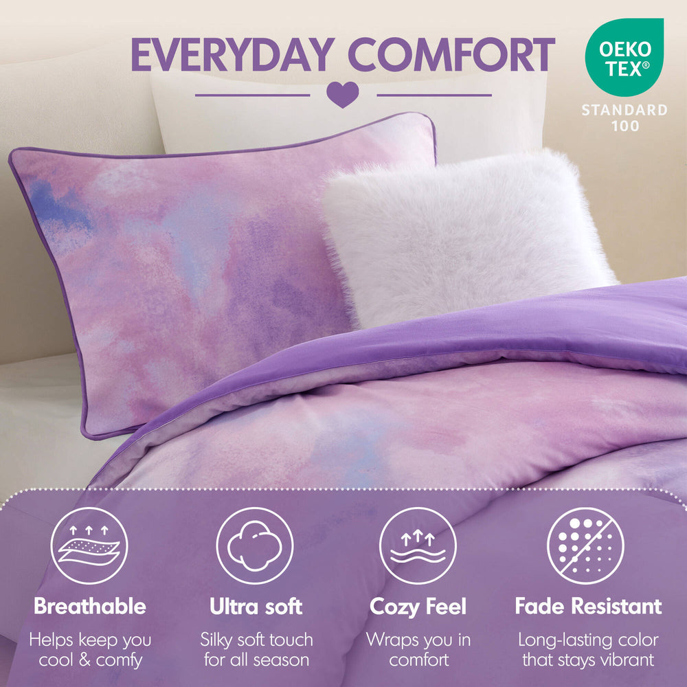 3 Pieces Twin/Twin XL Watercolor Tie Dye Printed Comforter Set with Throw Pillow,Purple Media 11