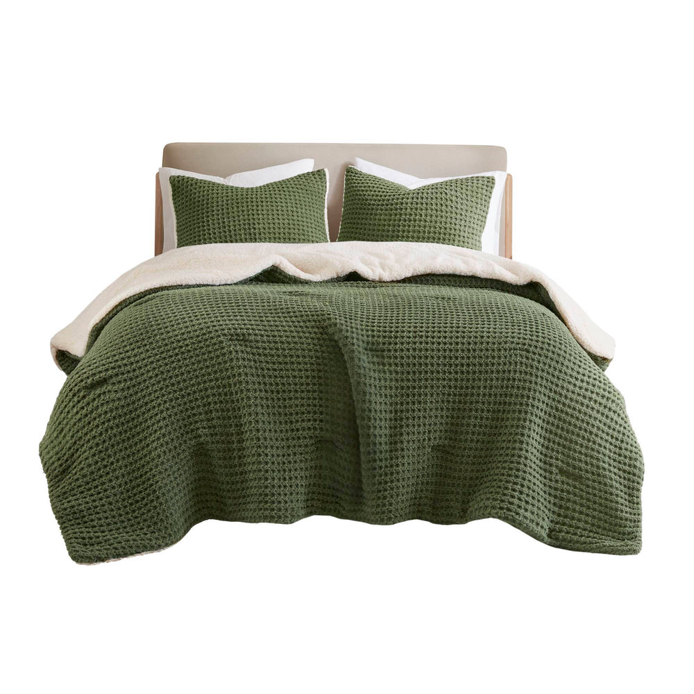 2 Pieces Twin Waffle Knit Chenille Comforter Set,Olive Media 9