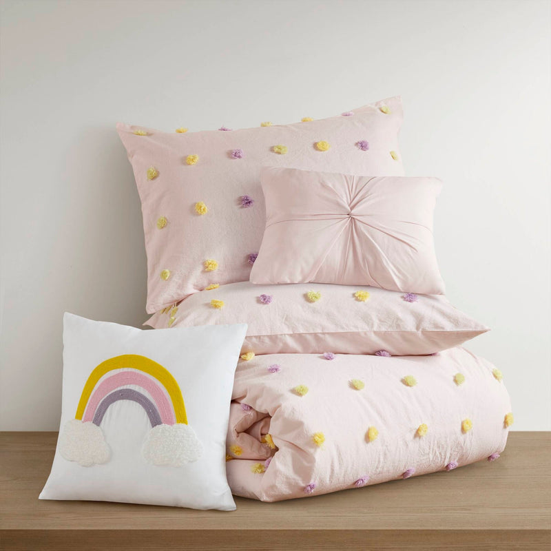 5PCS Full/Queen Cotton Jacquard Pom Pom Comforter Set