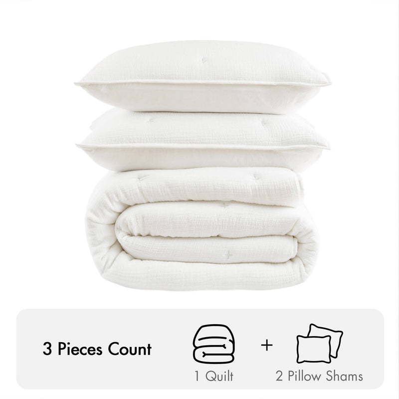 3-Piece Full/Queen Cotton  Embroidered Quilt Set,White