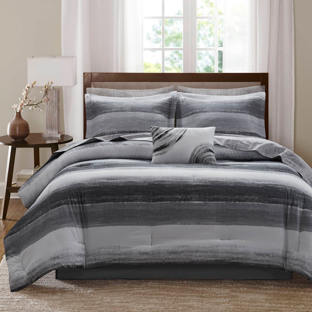 9-Piece Full 9 Piece Comforter Set with Cotton Bed Sheets,Black Media 1