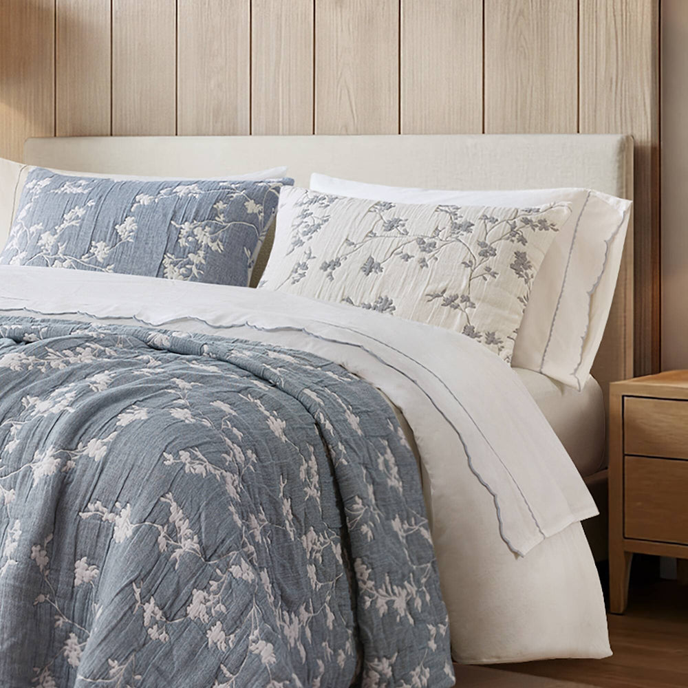 3 Pieces King Jacquard Cotton Gauze Quilt Set,Blue Media 10