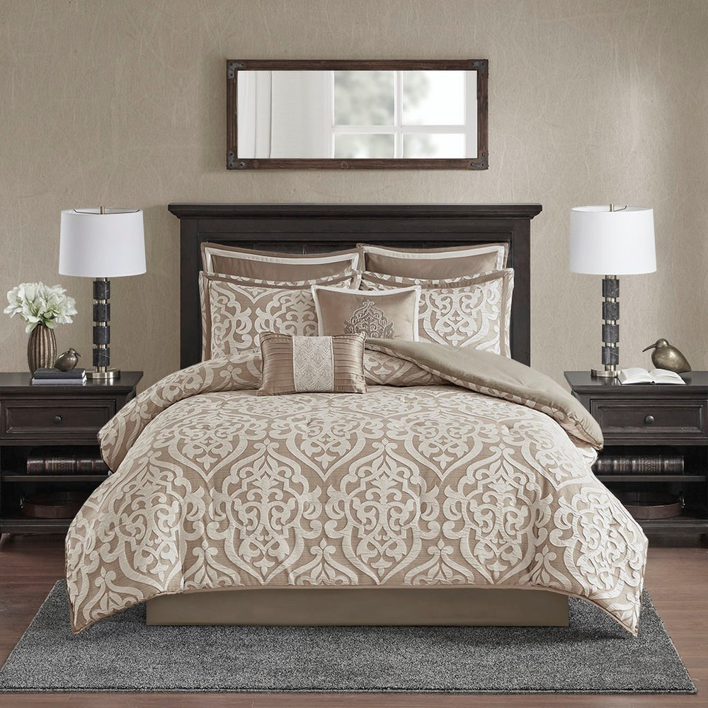 8 Piece Jacquard Comforter Set Tan/Ivory King Media 9