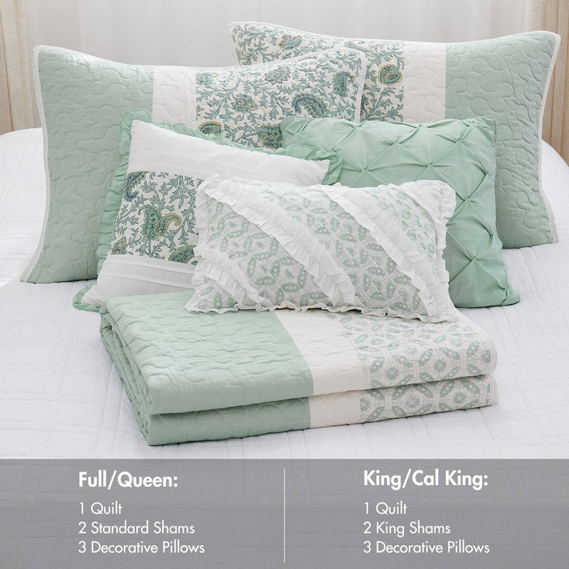 6 Piece Cotton Percale Quilt Set with Throw Pillows Aqua Full/Queen