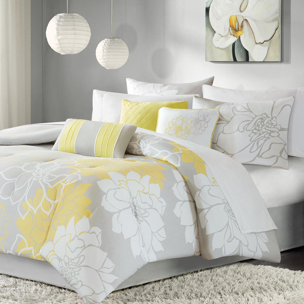 Printed Cotton Sateen Comforter Set Taupe Grey/Yellow Cal King Media 1